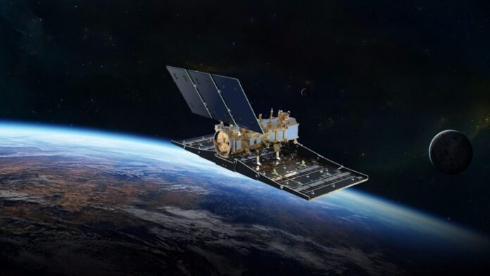 Ilustración de un satélite SAOCOM sobre la Tierra