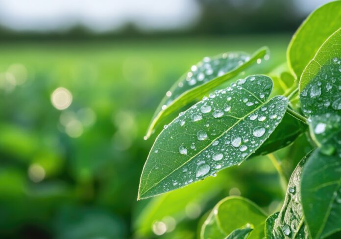 Green soybean leaves with water droplets. De la sequía al exceso de lluvias en algunas zonas.
