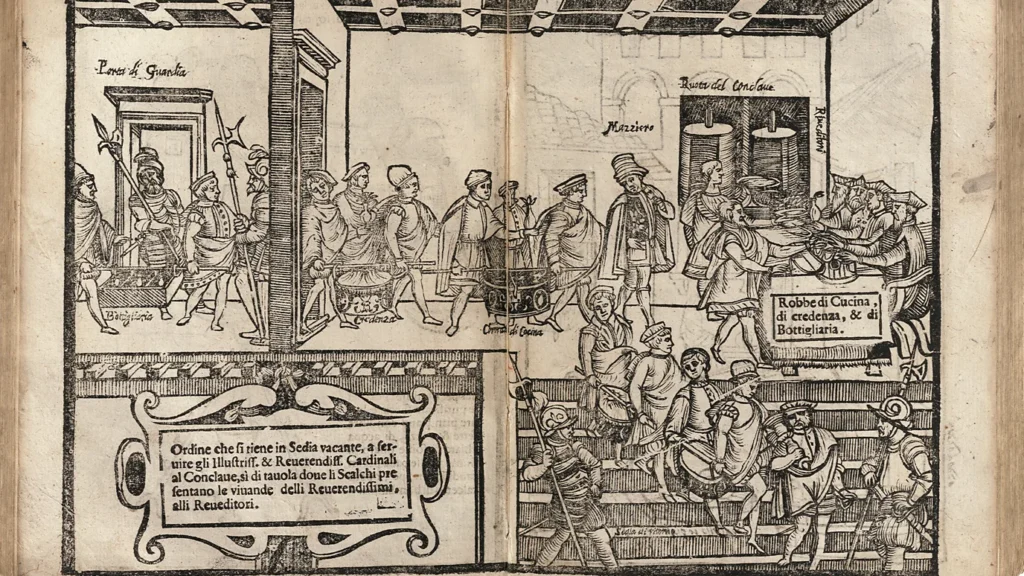 Una imagen de 1605 representa la procesión de comisarios, guardias y probadores que sirven comidas al cónclave secuestrado a través de la "ruota" (Crédito: Biblioteca Folger Shakespeare)