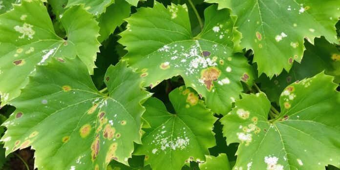 Hojas de vid verdes con manchas y moho.