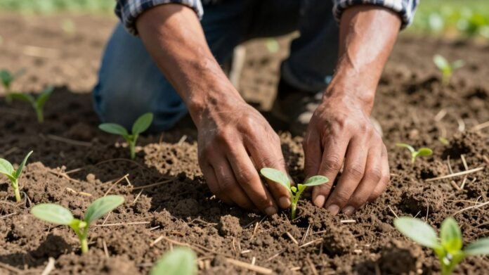 Campo con brotes verdes y tierra fértil.