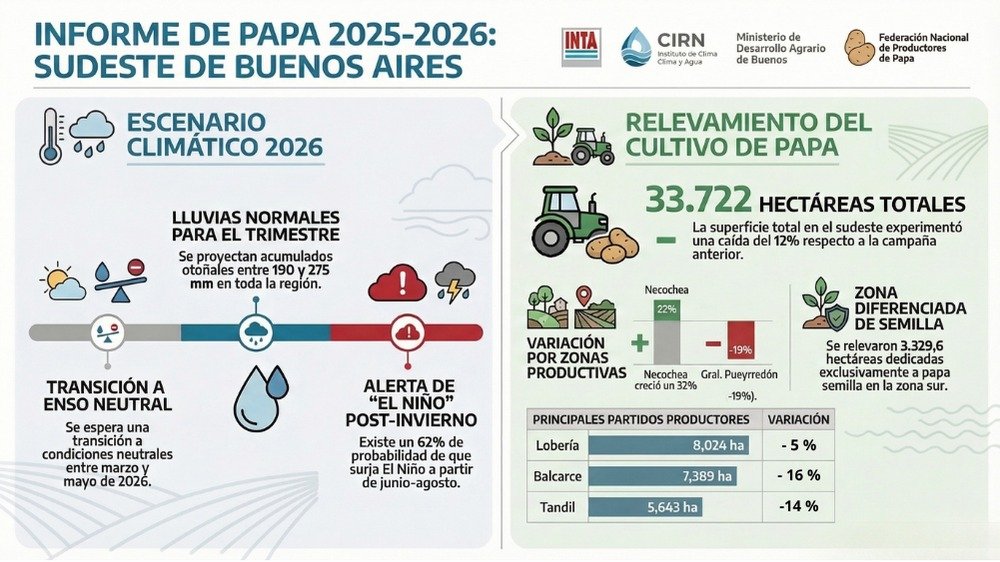Tras un 2025 con sobreoferta y precios en crisis, el recorte del 12% en la superficie sembrada abre una nueva etapa para el cultivo de papa en el sudeste bonaerense.
