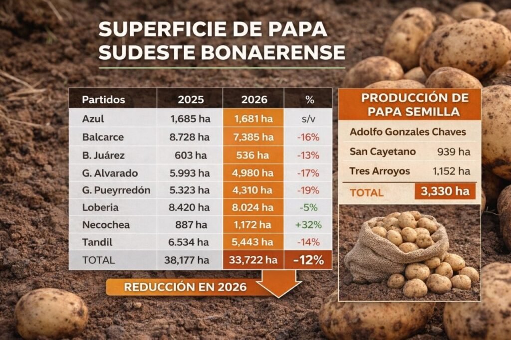 Tras un 2025 con sobreoferta y precios en crisis, el recorte del 12% en la superficie sembrada abre una nueva etapa para el cultivo de papa en el sudeste bonaerense.