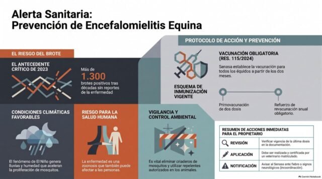 La vacunación contra las encefalomielitis equinas del Este y del Oeste es obligatoria en Argentina para los équidos desde los dos meses de vida.