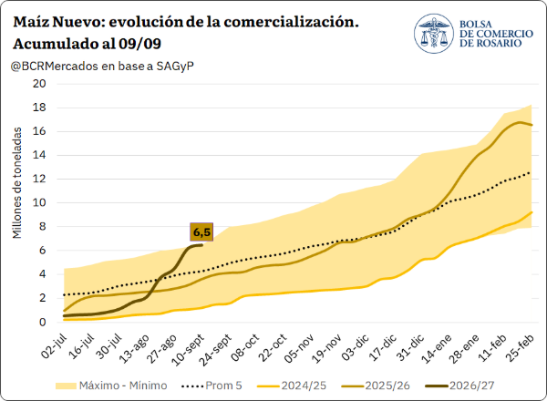 Además, se aceleró la comercialización de maíz en las últimas semanas, ante mejoras en los precios. Los cuellos de botella en el Mar Negro abren una oportunidad para el trigo que podría cerrar septiembre con exportaciones récord.